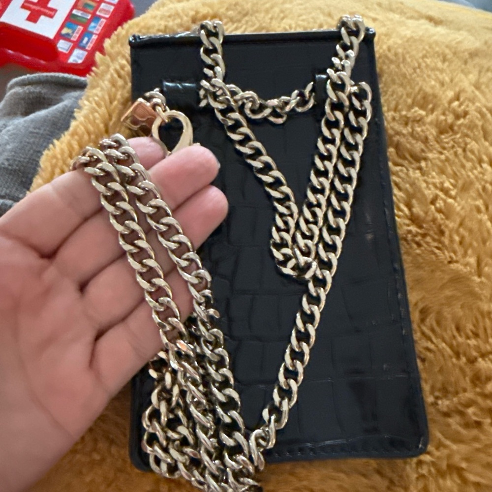 Black Croc-Embossed Phone Crossbody with Gold Chain